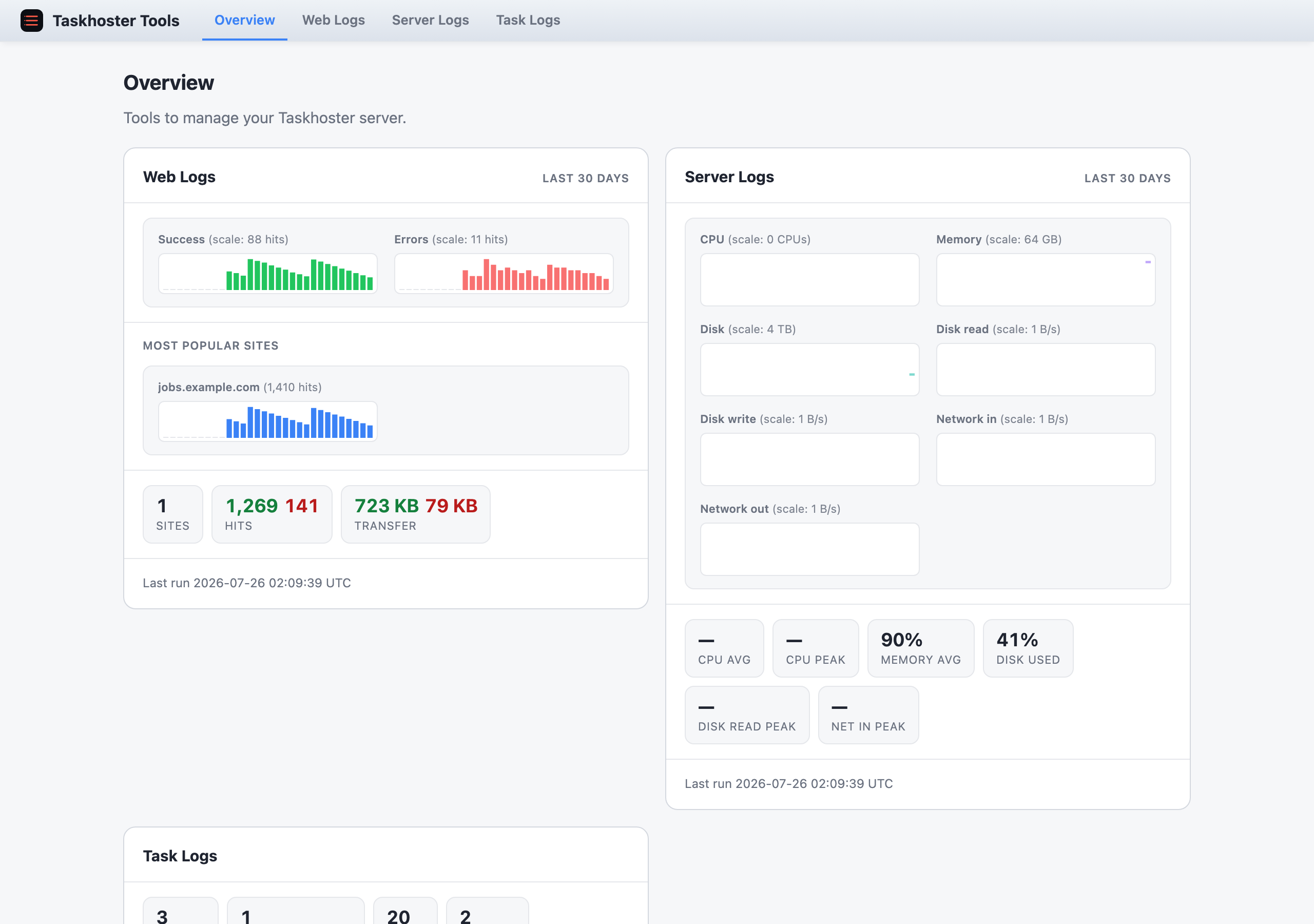 Taskhoster Tools overview page with a summary card per tool